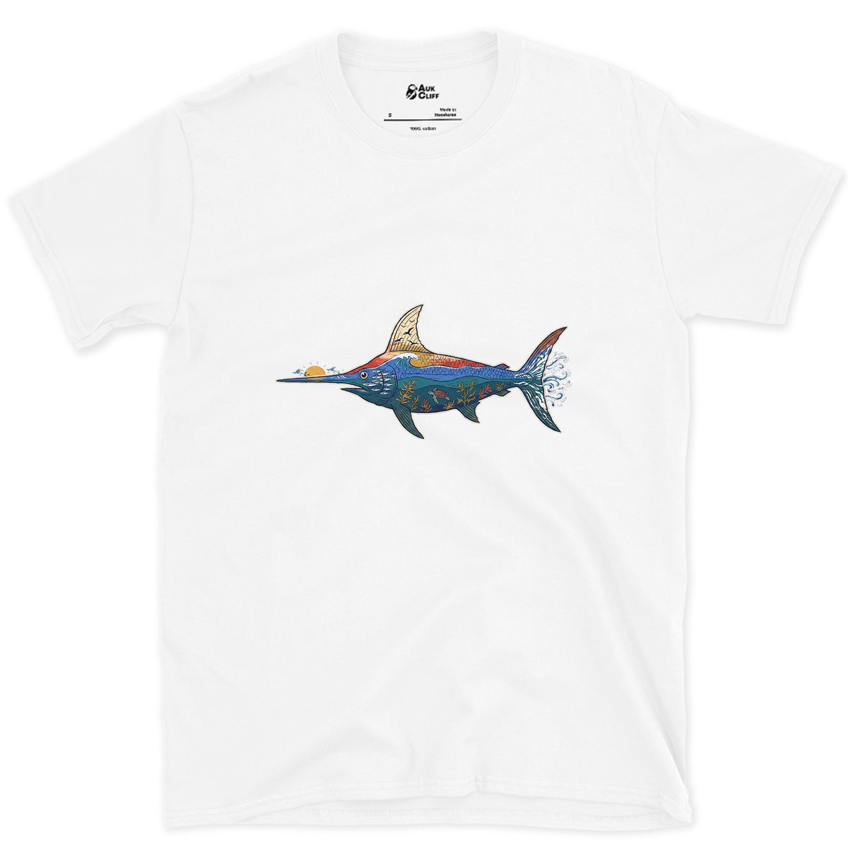 Swordfish in Deep Blue Water design on a White Gildan Softstyle t-shirt