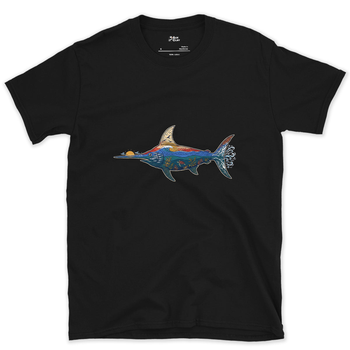 Swordfish in Deep Blue Water design on a Black Gildan Softstyle t-shirt