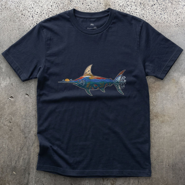 Swordfish in Deep Blue Water design on a Navy Gildan Softstyle t-shirt