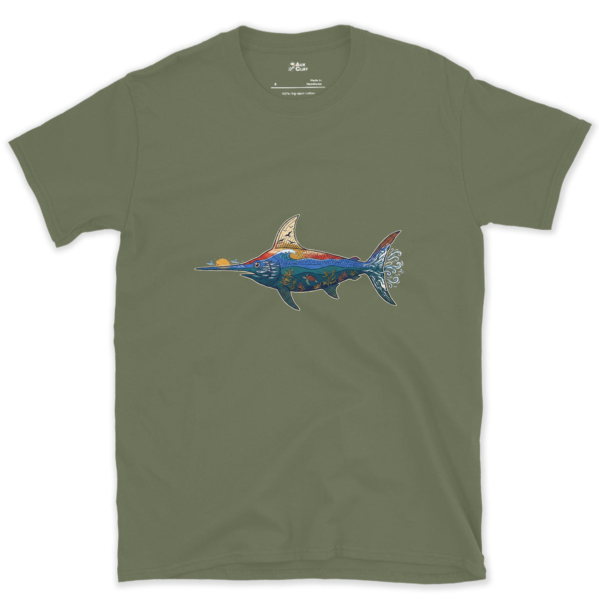 Swordfish in Deep Blue Water design on a Military Green Gildan Softstyle t-shirt