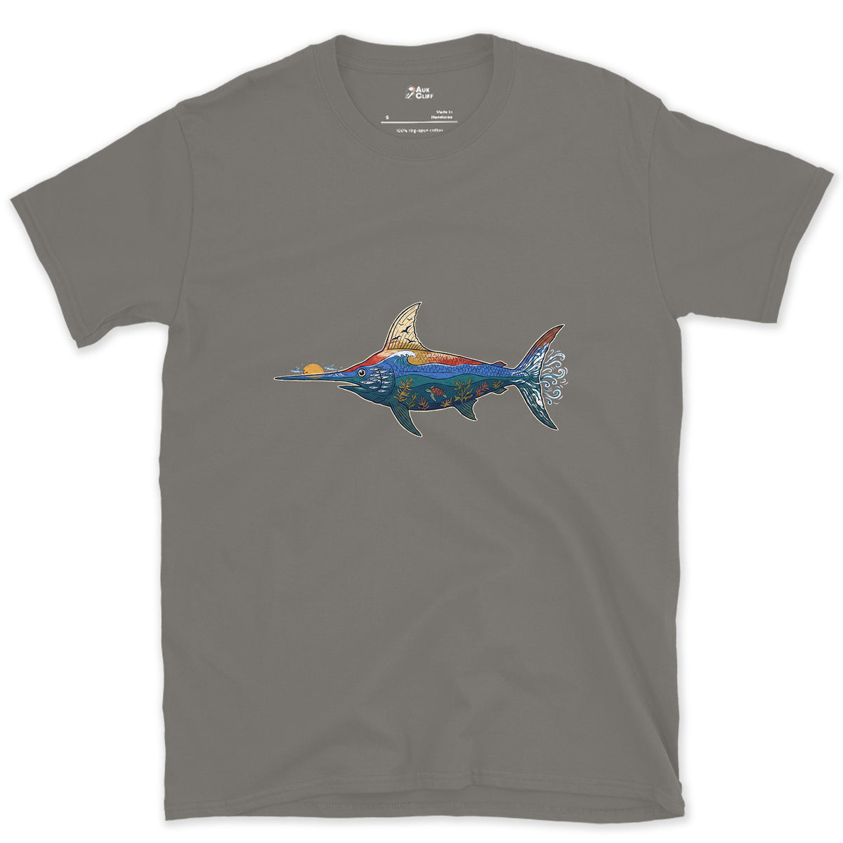 Swordfish in Deep Blue Water design on a Charcoal Gildan Softstyle t-shirt