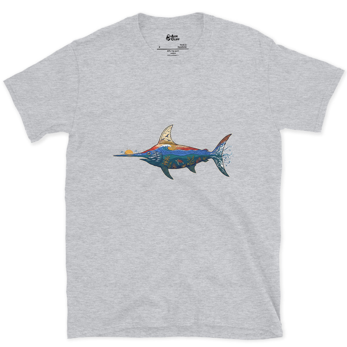 Swordfish in Deep Blue Water design on a Sport Grey Gildan Softstyle t-shirt
