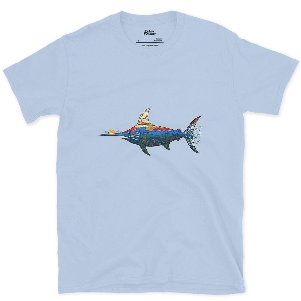 Swordfish in Deep Blue Water design on a Light Blue Gildan Softstyle t-shirt