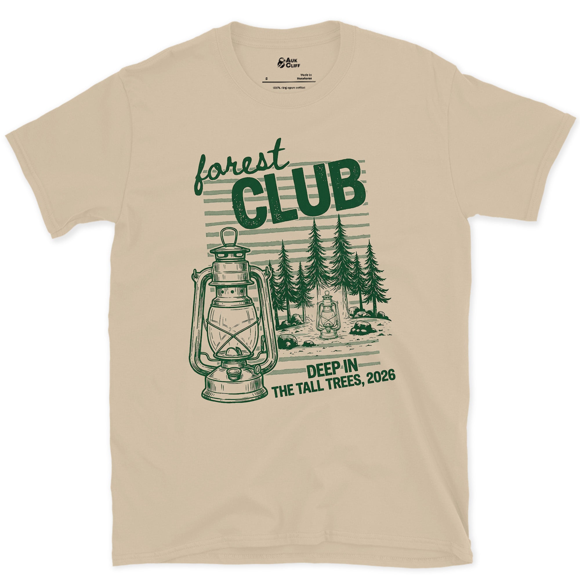 Deep in the Tall Trees, Forest Club design on a Sand Gildan Softstyle t-shirt