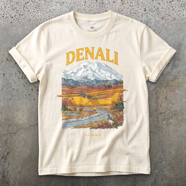 Denali Bush Plane design on a Natural Gildan Softstyle t-shirt