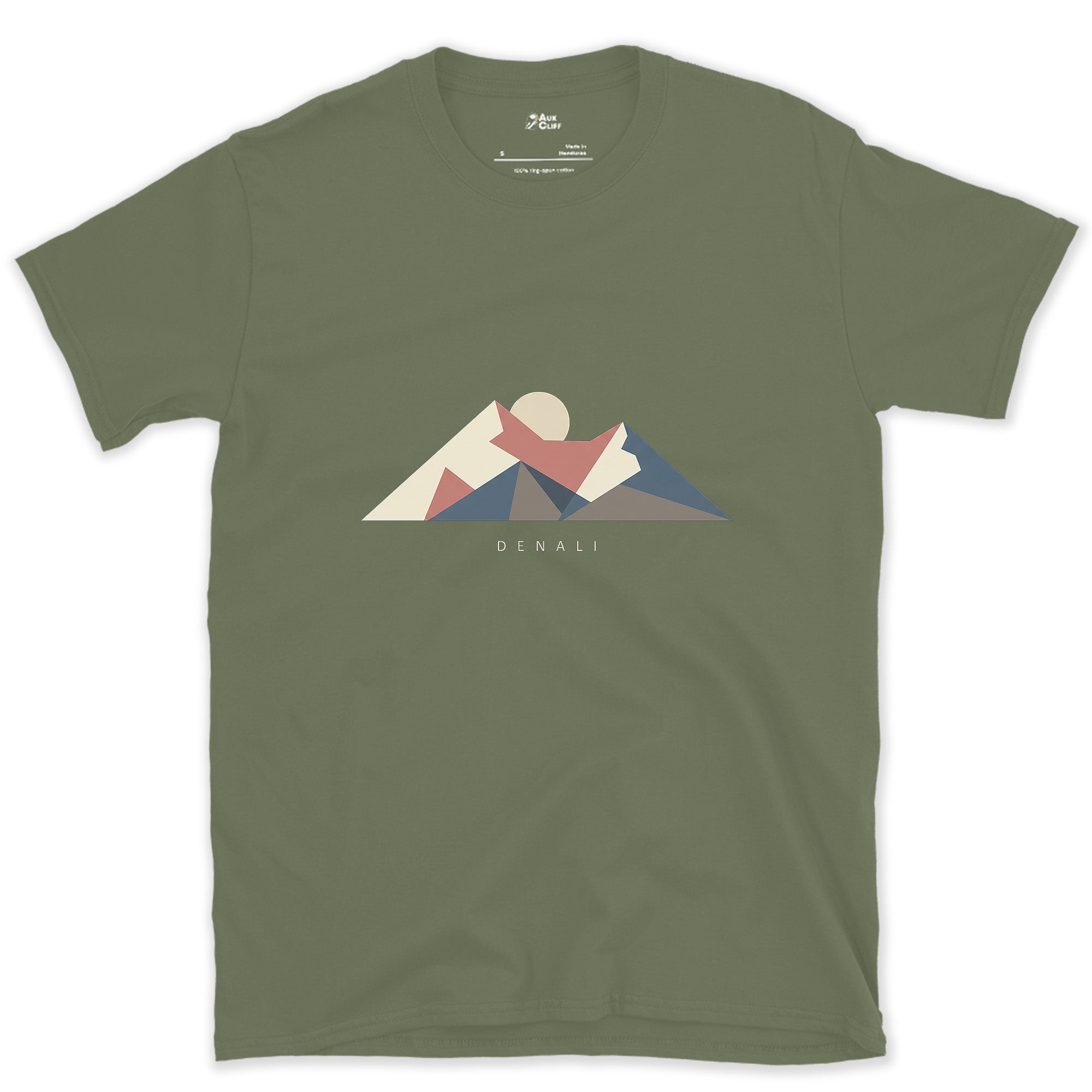 Denali Rebuilt Out of Angles design on a Military Green Gildan Softstyle t-shirt