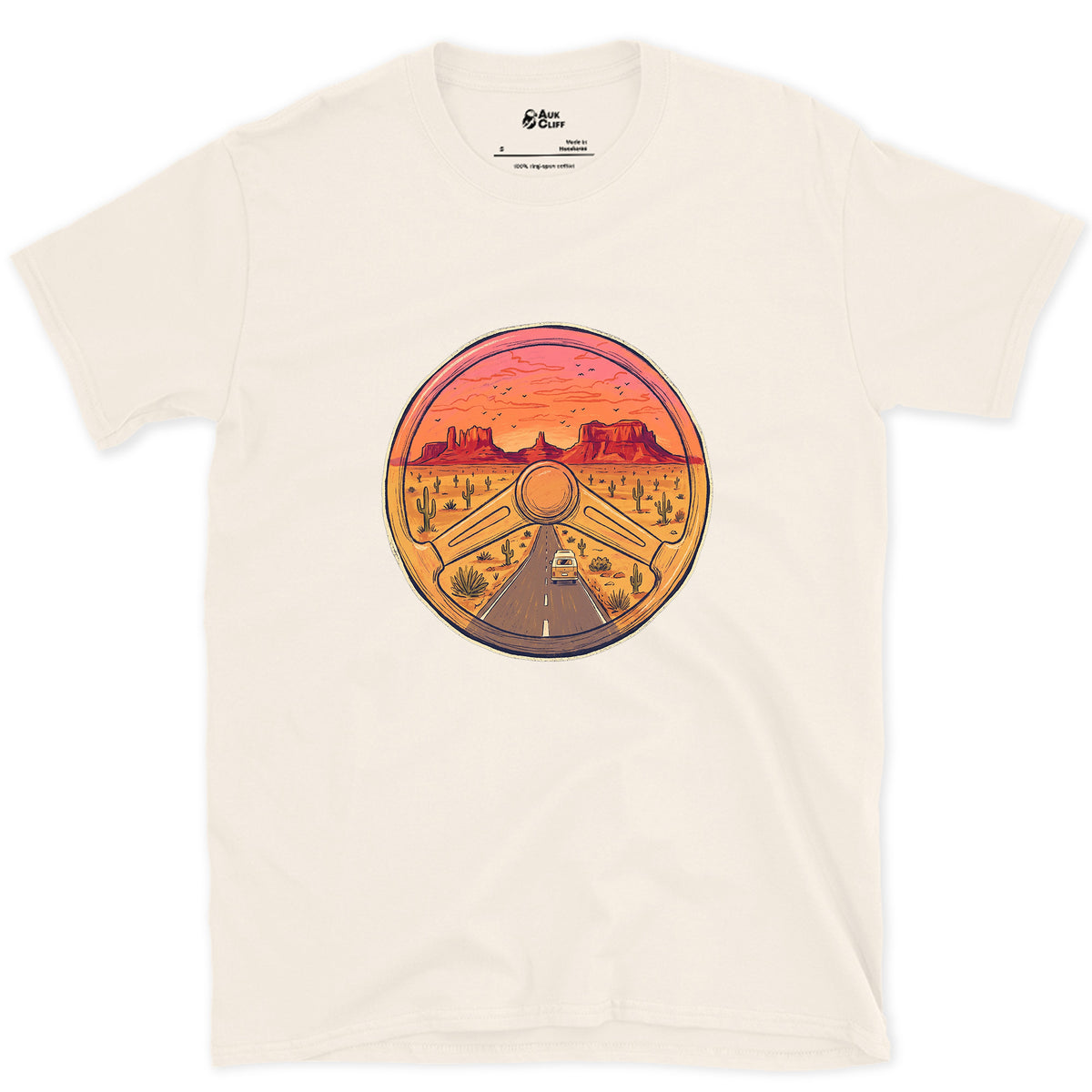 Desert Highway Behind the Wheel design on a Natural Gildan Softstyle t-shirt