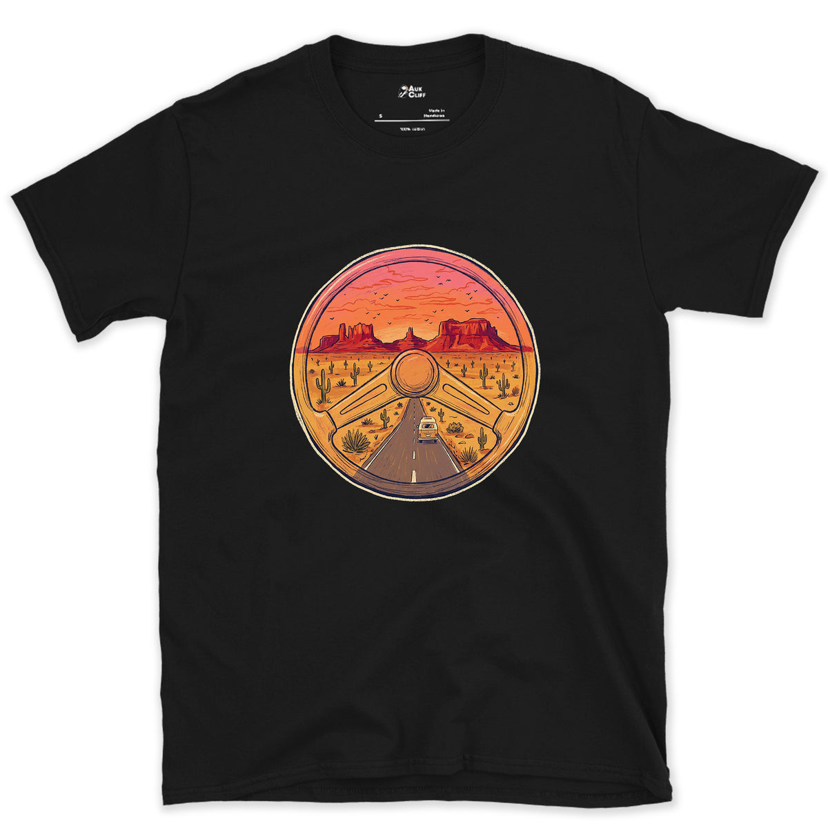 Desert Highway Behind the Wheel design on a Black Gildan Softstyle t-shirt