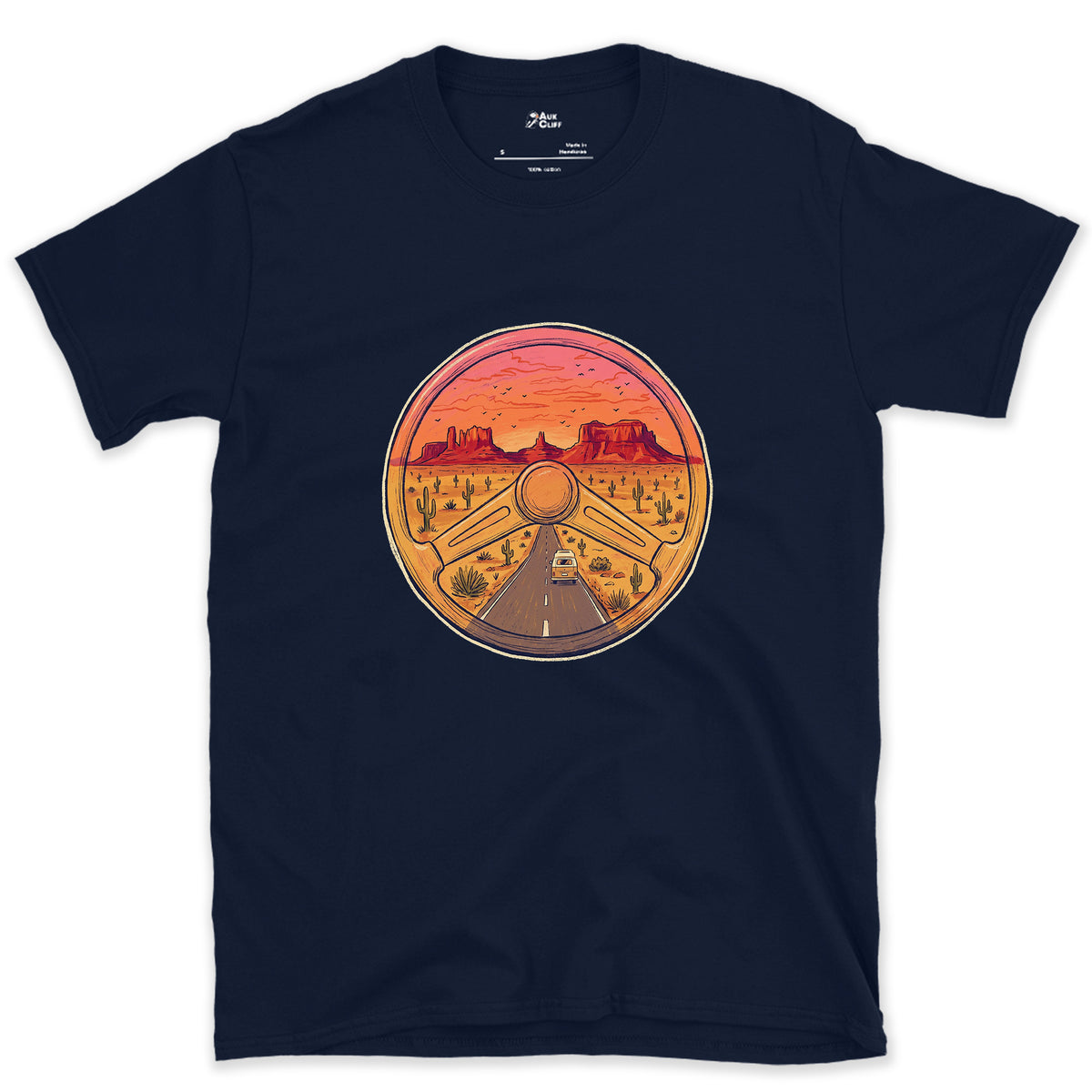 Desert Highway Behind the Wheel design on a Navy Gildan Softstyle t-shirt