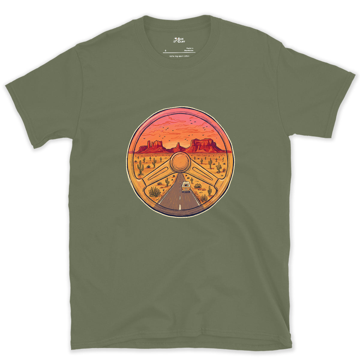 Desert Highway Behind the Wheel design on a Military Green Gildan Softstyle t-shirt