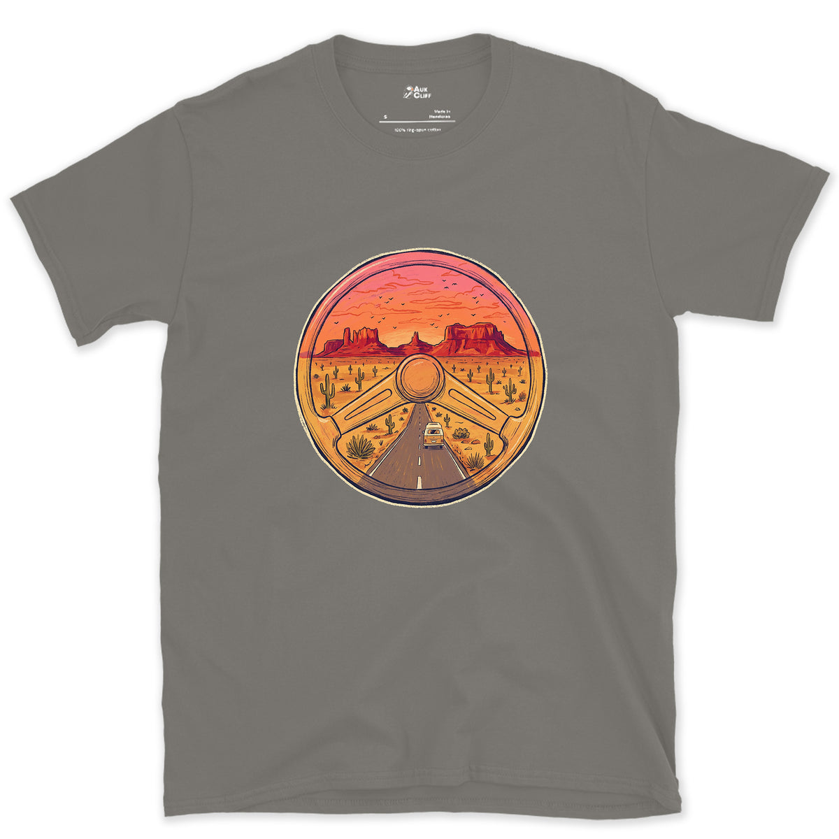 Desert Highway Behind the Wheel design on a Charcoal Gildan Softstyle t-shirt