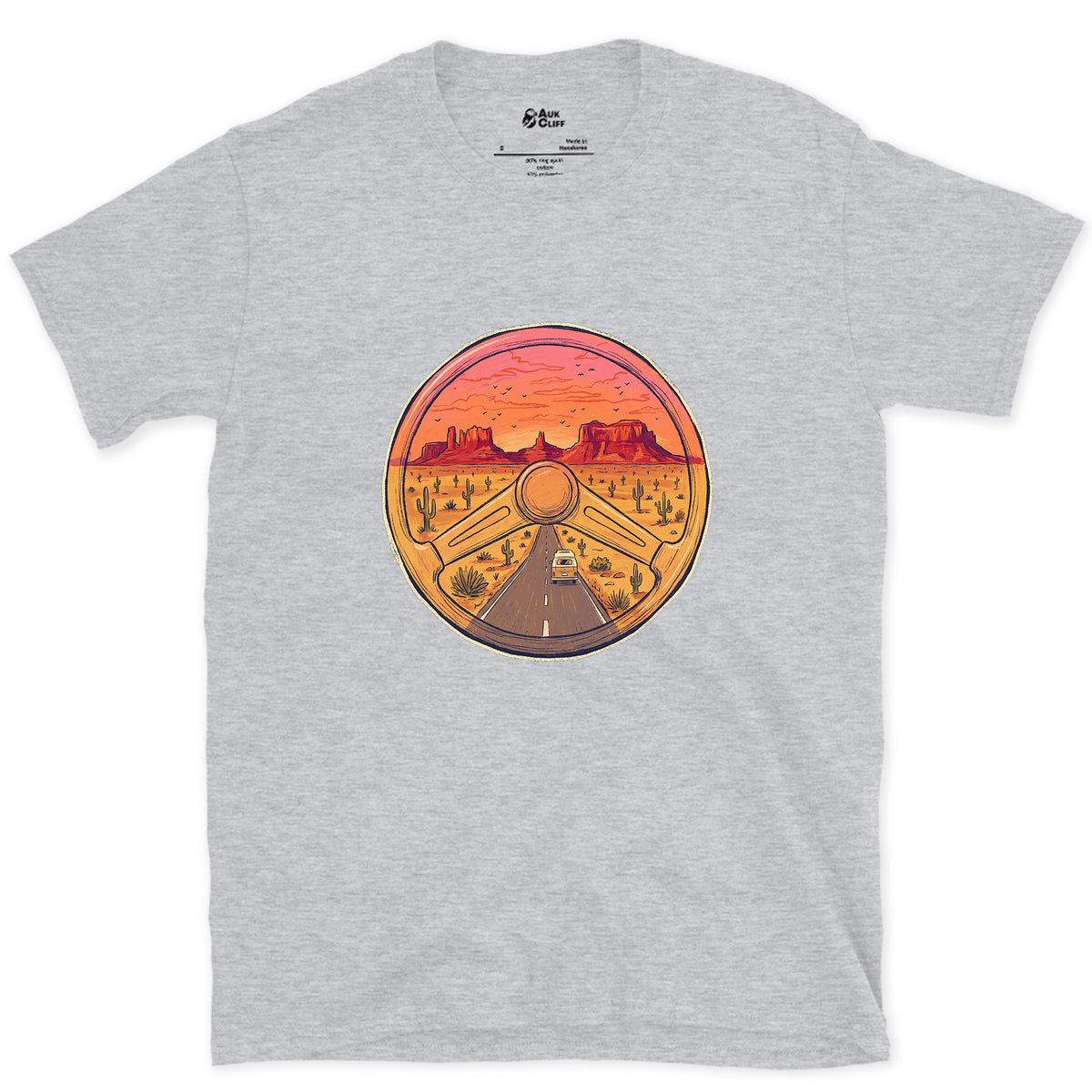 Desert Highway Behind the Wheel design on a Sport Grey Gildan Softstyle t-shirt