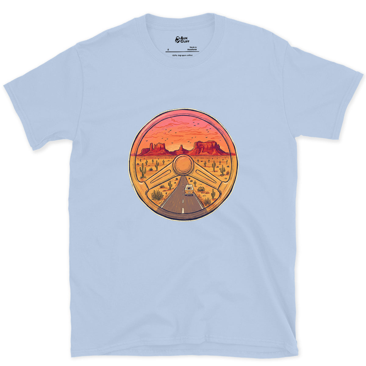 Desert Highway Behind the Wheel design on a Light Blue Gildan Softstyle t-shirt
