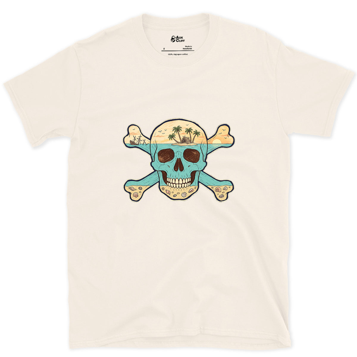 Desert Island, Skull and Crossbones design on a Natural Gildan Softstyle t-shirt