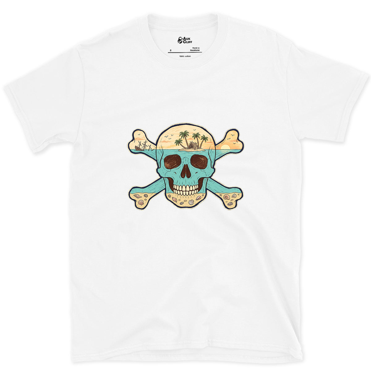 Desert Island, Skull and Crossbones design on a White Gildan Softstyle t-shirt