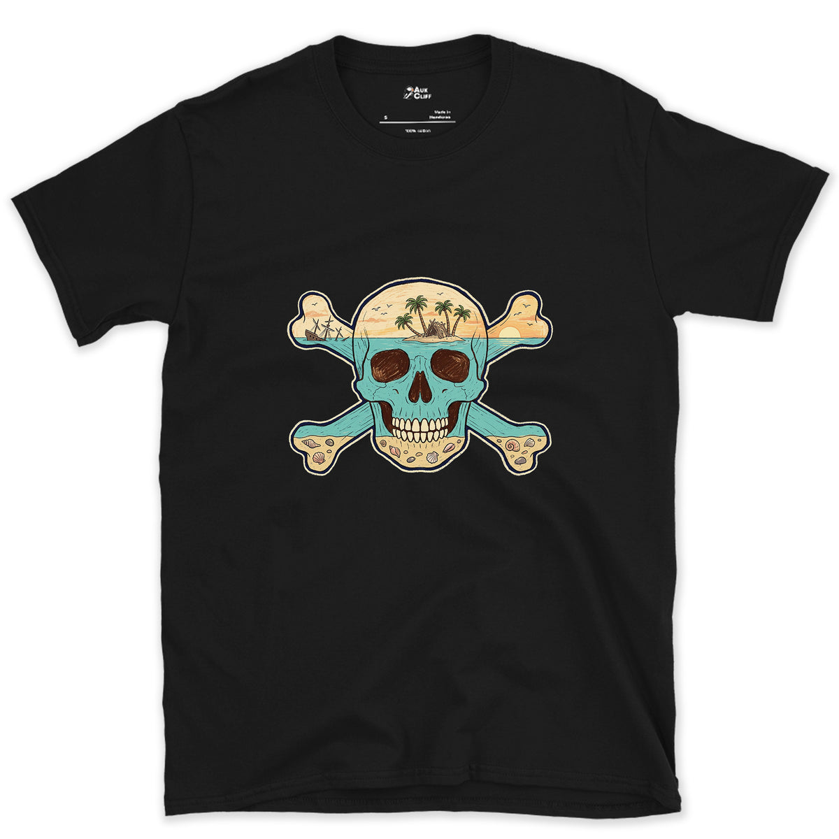 Desert Island, Skull and Crossbones design on a Black Gildan Softstyle t-shirt
