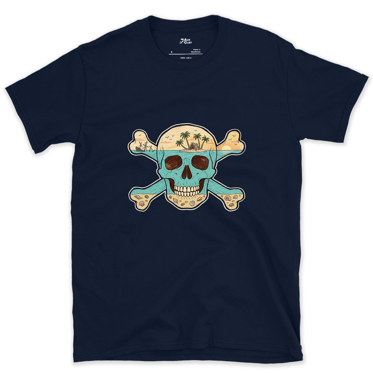 Desert Island, Skull and Crossbones design on a Navy Gildan Softstyle t-shirt