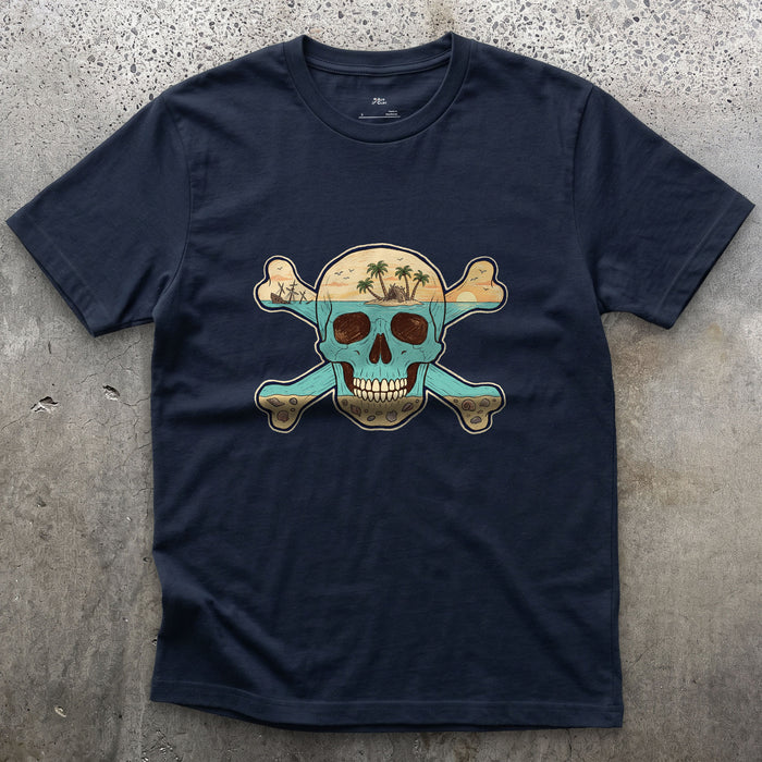 Desert Island, Skull and Crossbones design on a Navy Gildan Softstyle t-shirt