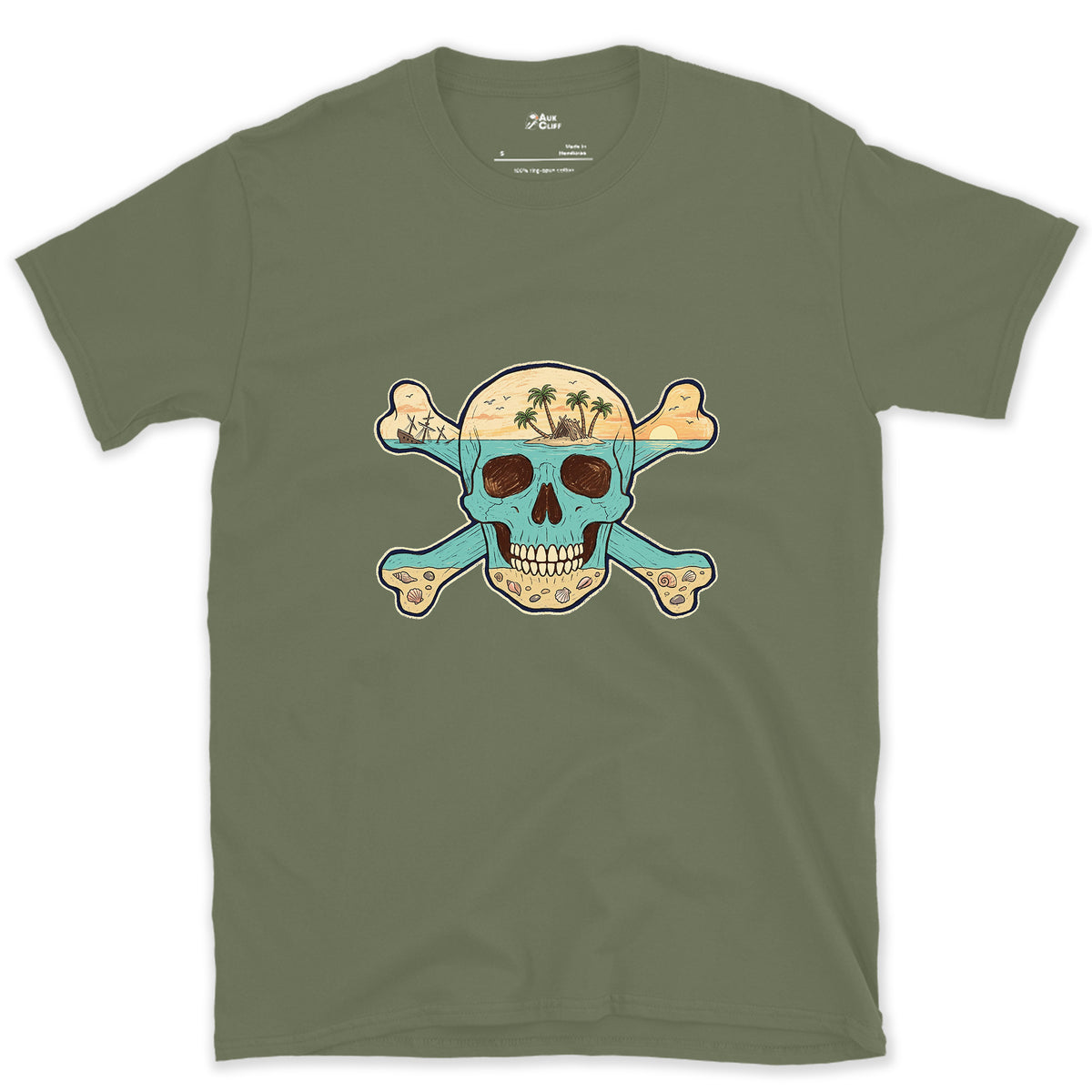 Desert Island, Skull and Crossbones design on a Military Green Gildan Softstyle t-shirt
