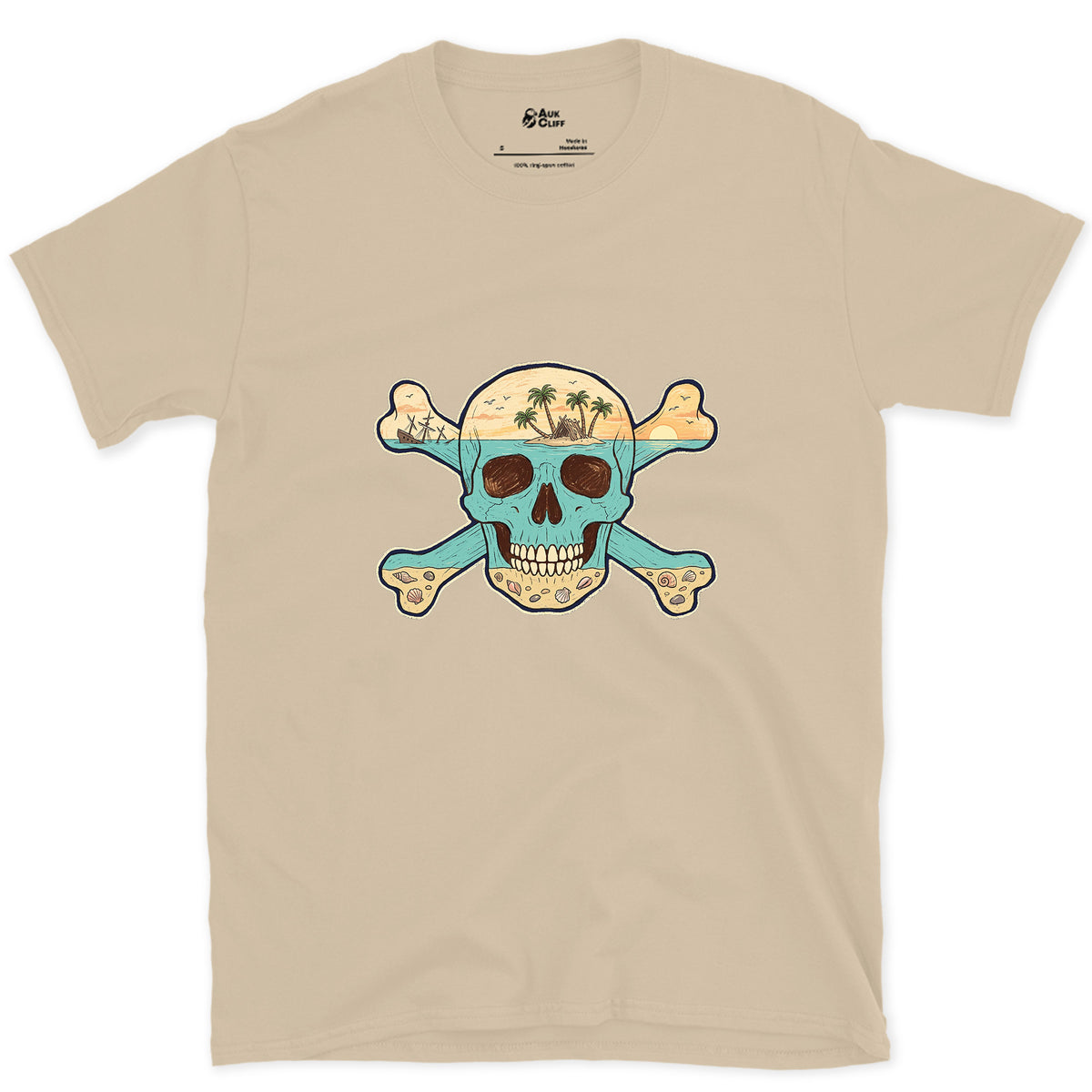 Desert Island, Skull and Crossbones design on a Sand Gildan Softstyle t-shirt