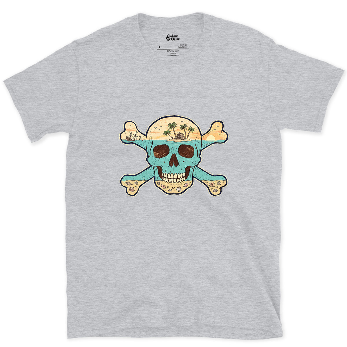 Desert Island, Skull and Crossbones design on a Sport Grey Gildan Softstyle t-shirt