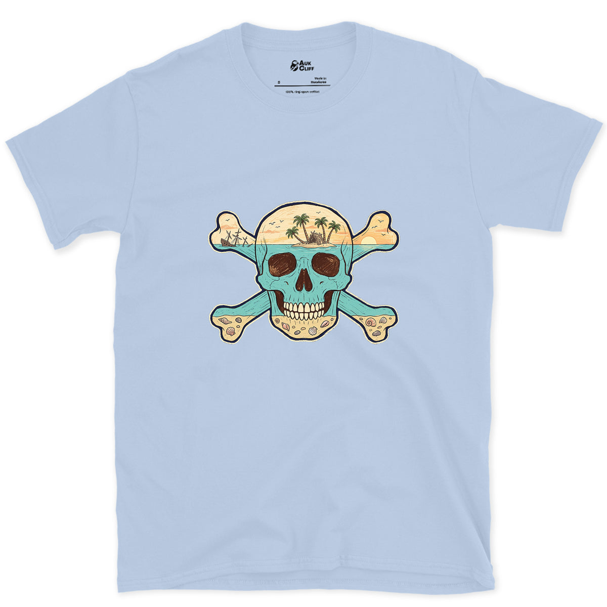 Desert Island, Skull and Crossbones design on a Light Blue Gildan Softstyle t-shirt