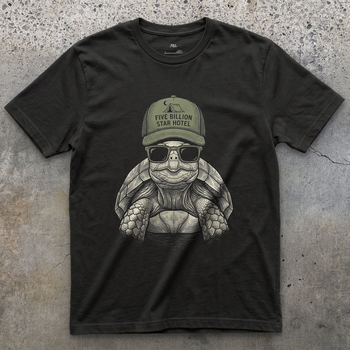 Five Billion Star Hotel, Tortoise on the Road design on a Black Gildan Softstyle t-shirt