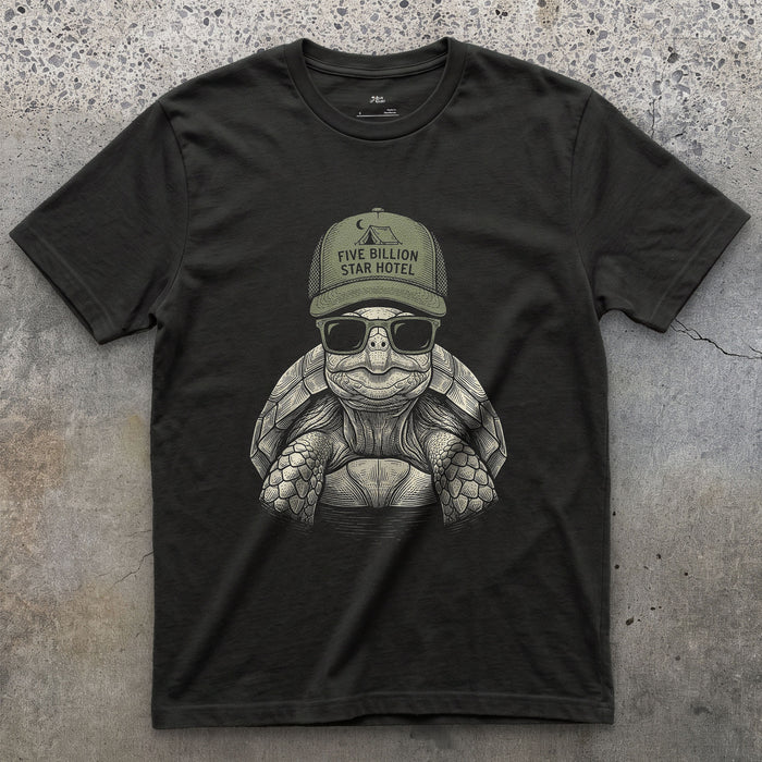 Five Billion Star Hotel, Tortoise on the Road design on a Black Gildan Softstyle t-shirt