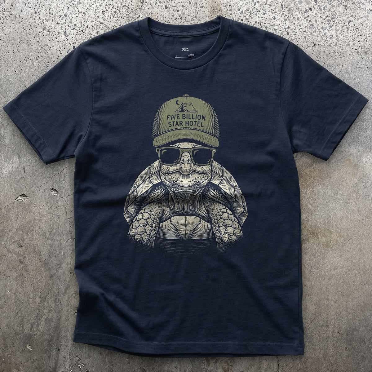 Five Billion Star Hotel, Tortoise on the Road design on a Navy Gildan Softstyle t-shirt