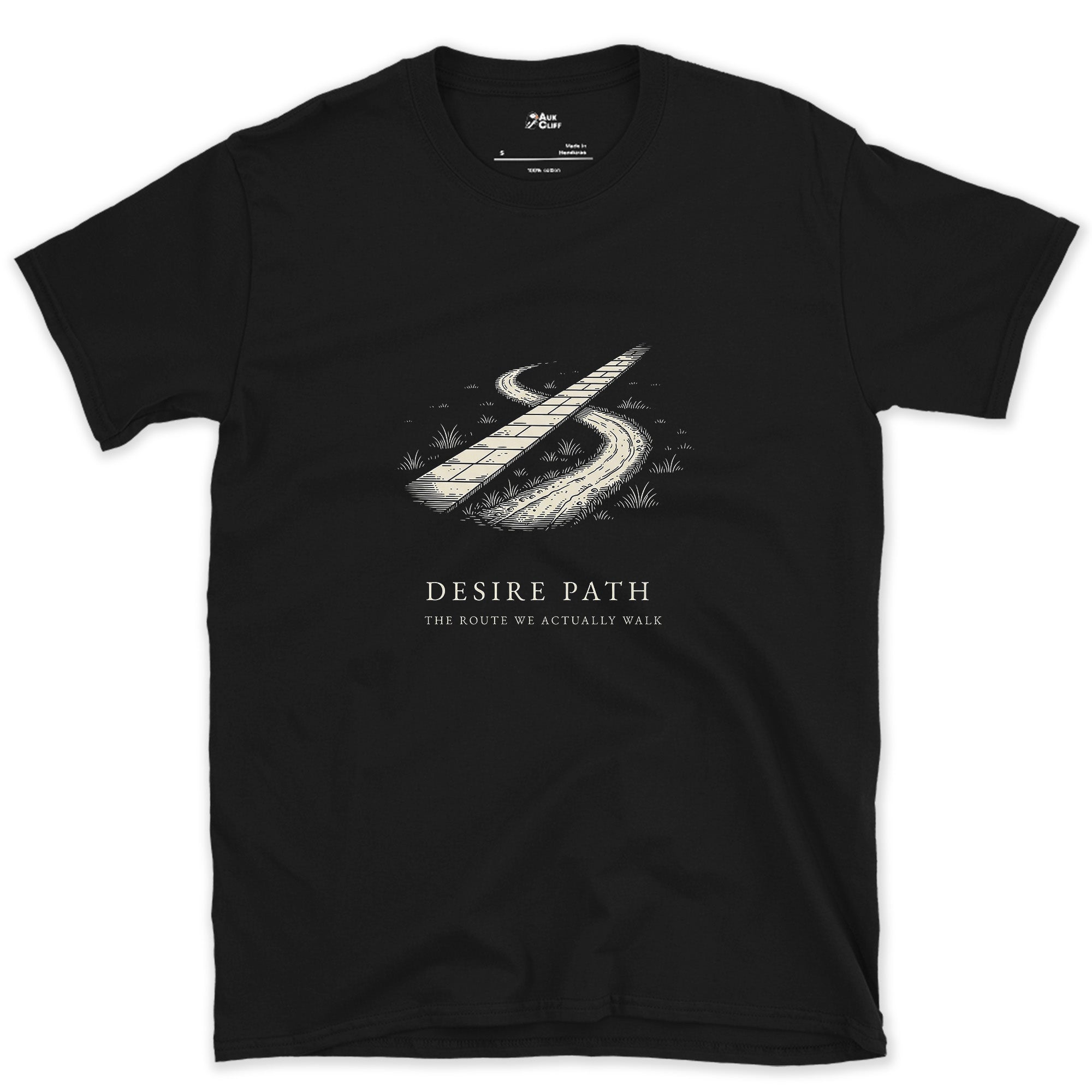 Desire Path, the Route We Actually Walk design on a Black Gildan Softstyle t-shirt