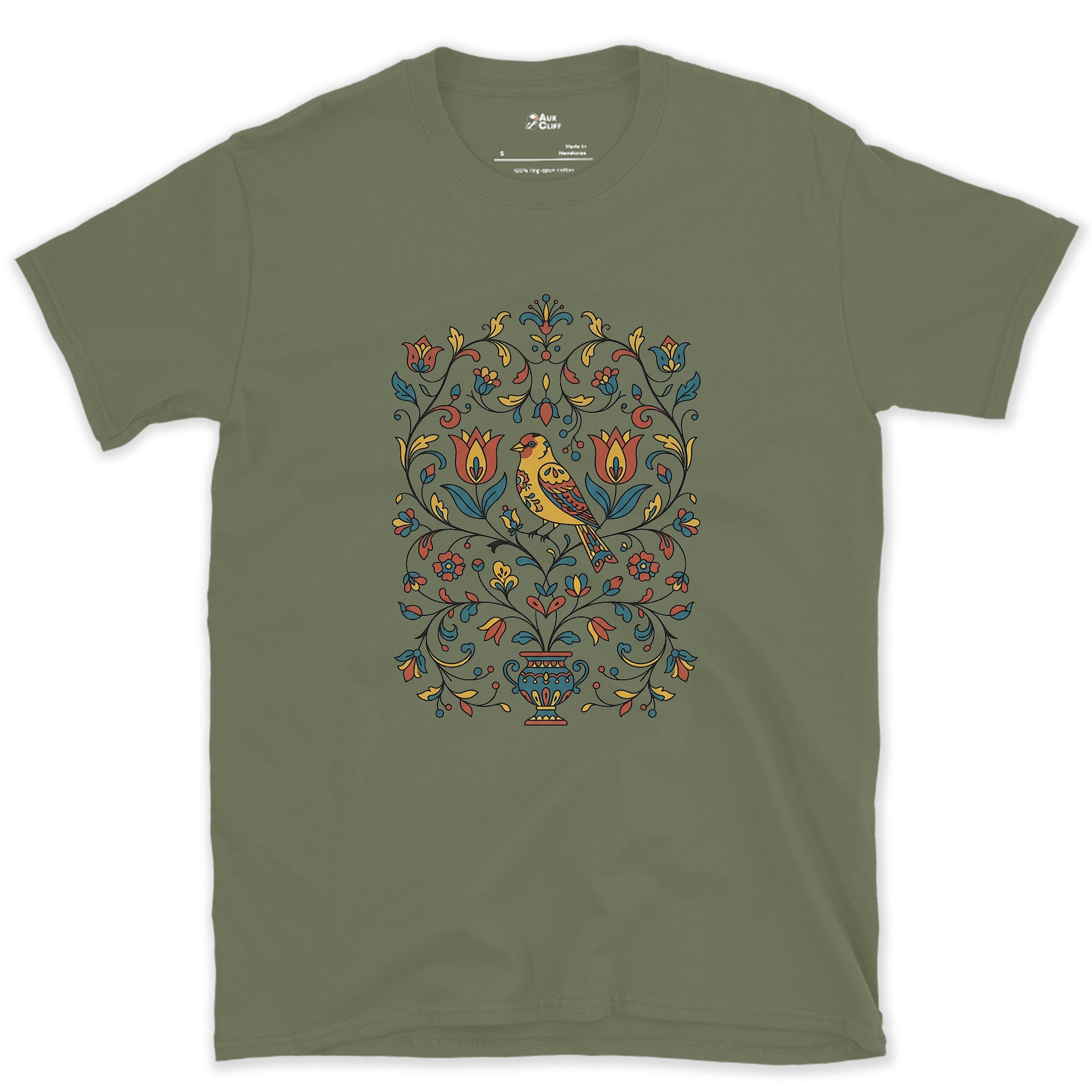 Distelfink and Tulips, Pennsylvania Dutch design on a Military Green Gildan Softstyle t-shirt