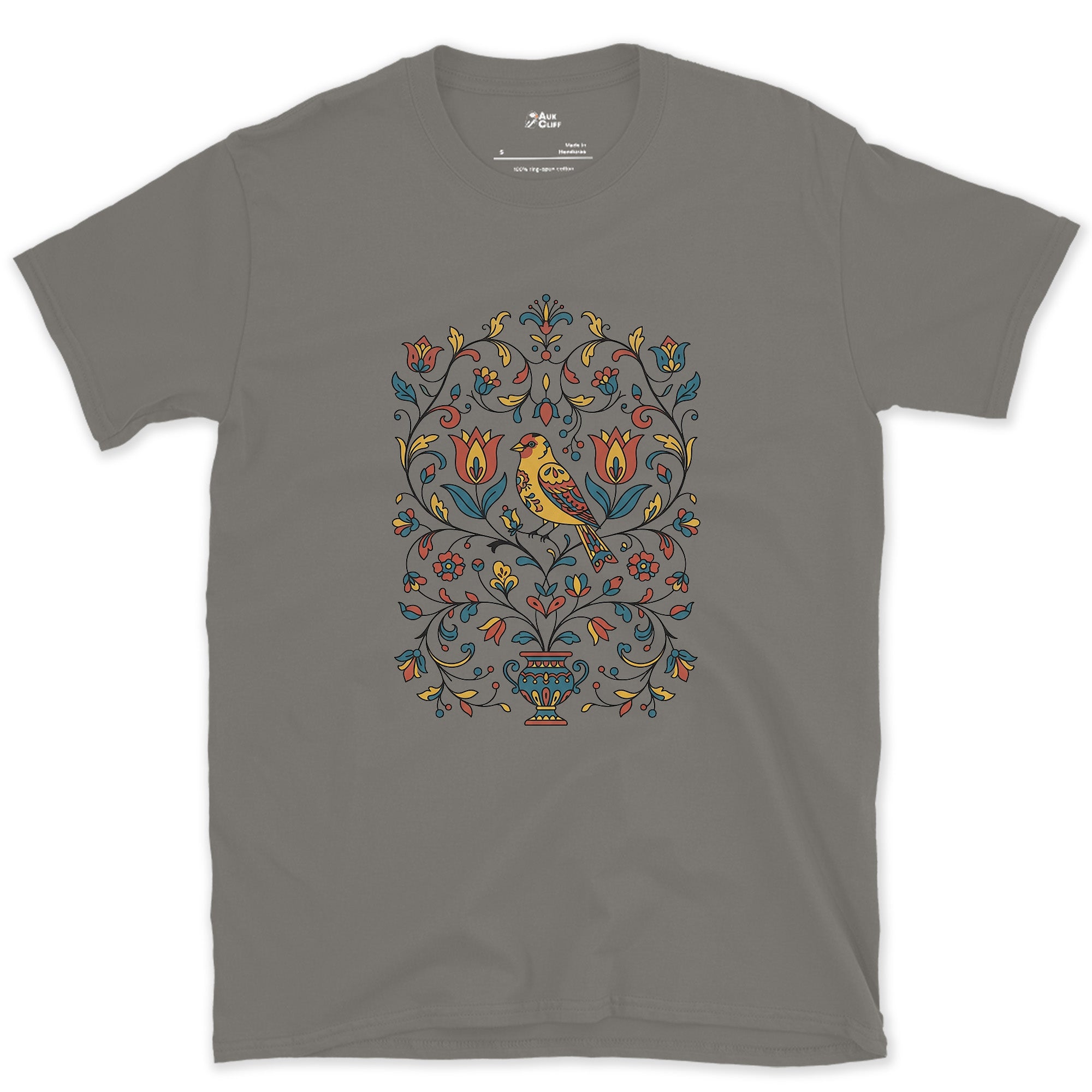 Distelfink and Tulips, Pennsylvania Dutch design on a Charcoal Gildan Softstyle t-shirt