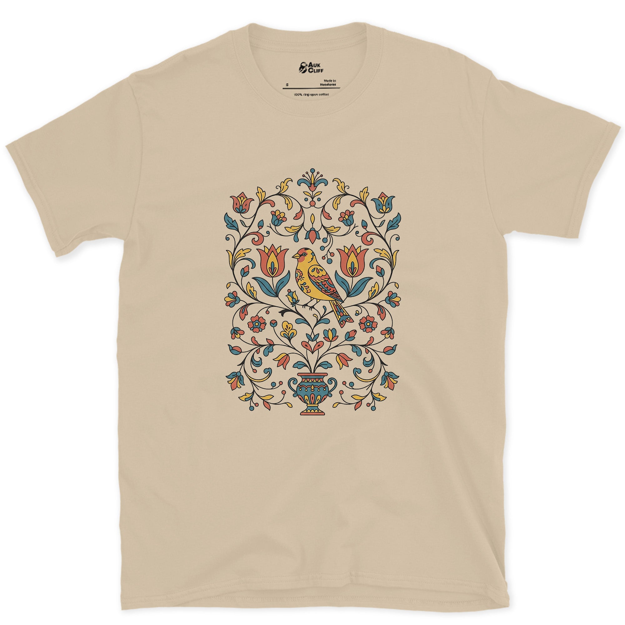 Distelfink and Tulips, Pennsylvania Dutch design on a Sand Gildan Softstyle t-shirt