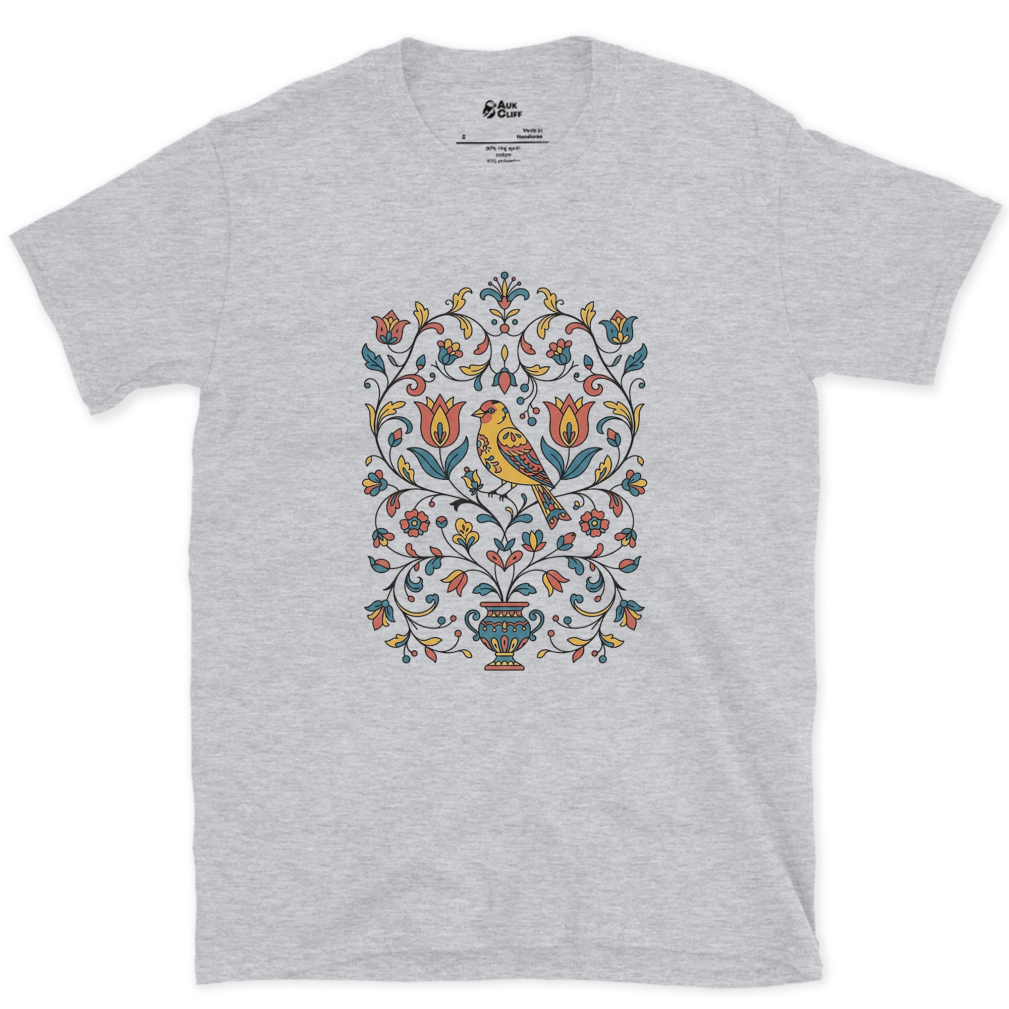 Distelfink and Tulips, Pennsylvania Dutch design on a Sport Grey Gildan Softstyle t-shirt