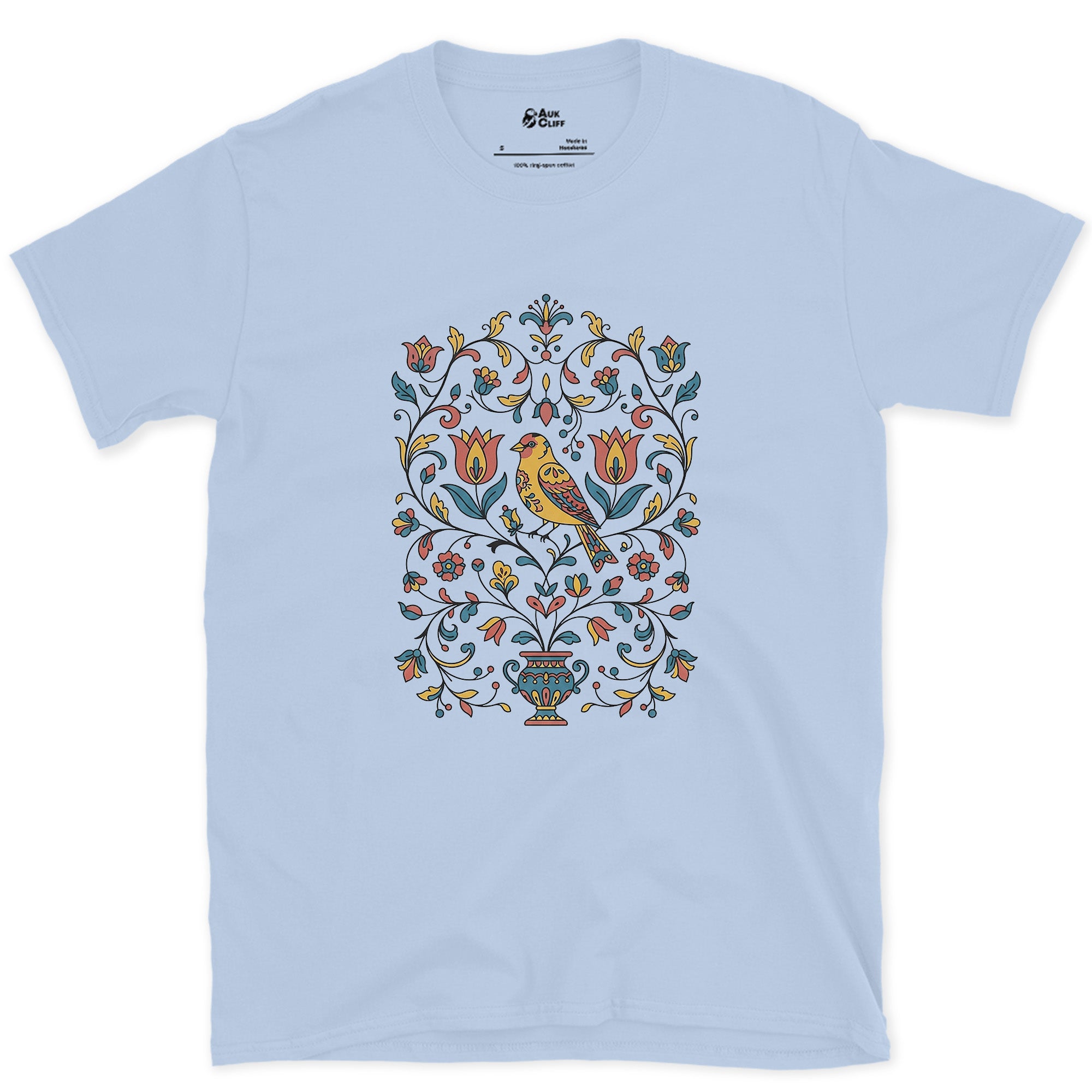 Distelfink and Tulips, Pennsylvania Dutch design on a Light Blue Gildan Softstyle t-shirt