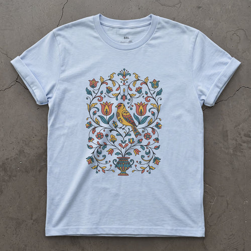Distelfink and Tulips, Pennsylvania Dutch design on a Light Blue Gildan Softstyle t-shirt