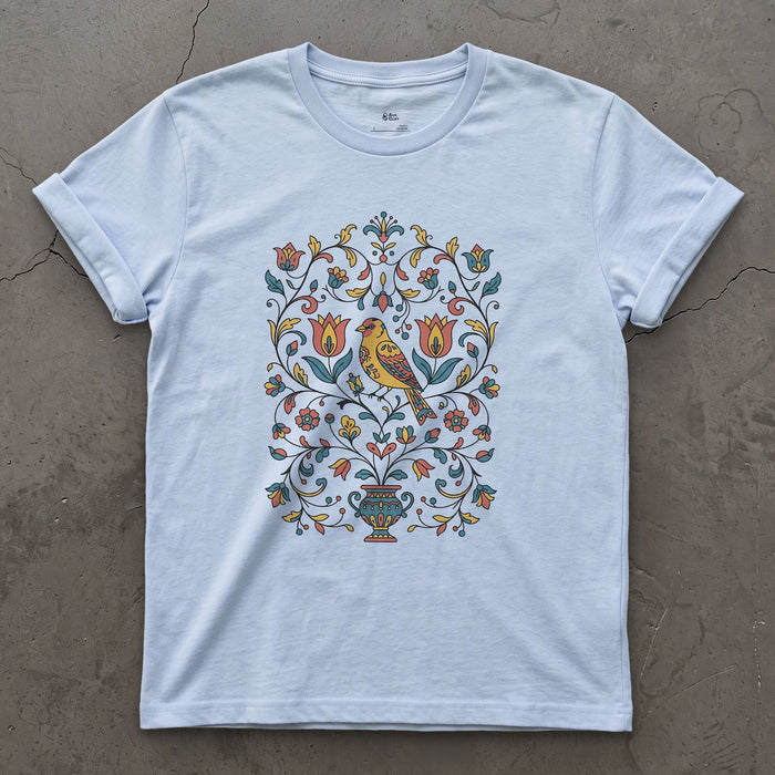 Distelfink and Tulips, Pennsylvania Dutch design on a Light Blue Gildan Softstyle t-shirt