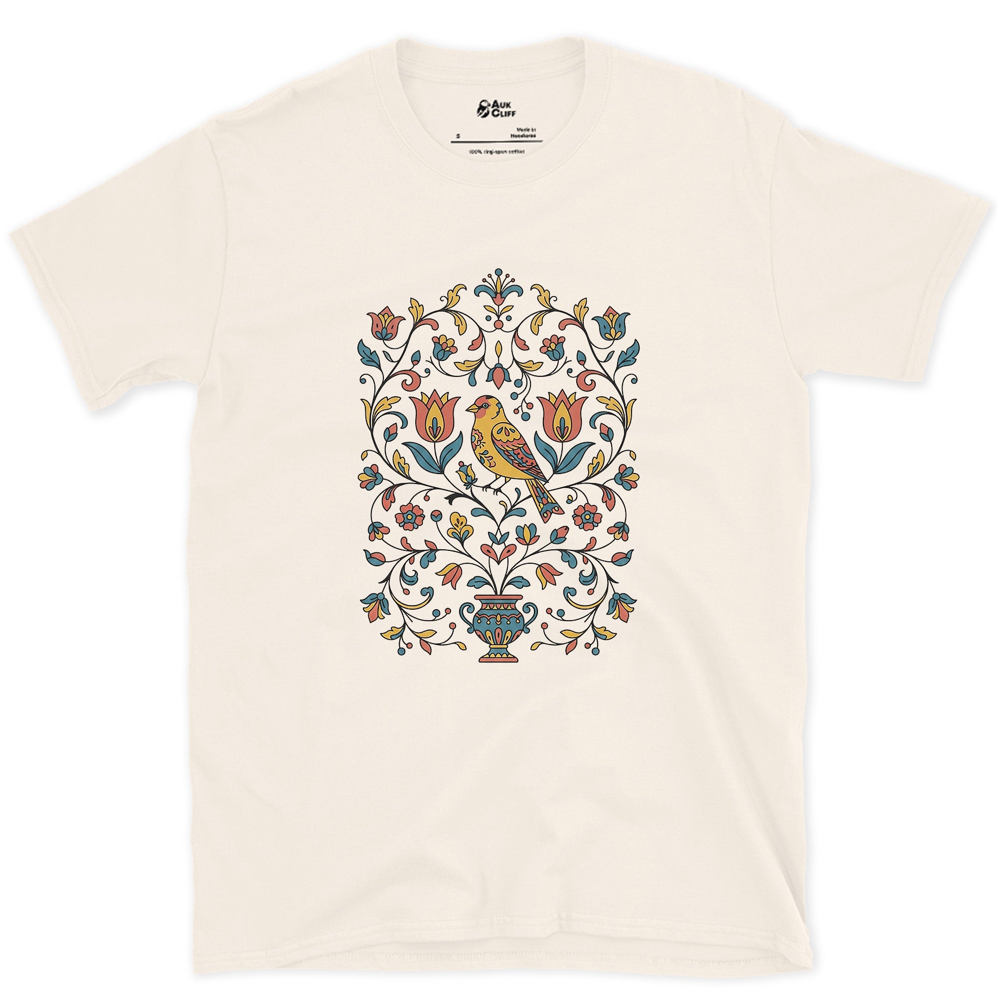 Distelfink and Tulips, Pennsylvania Dutch design on a Natural Gildan Softstyle t-shirt