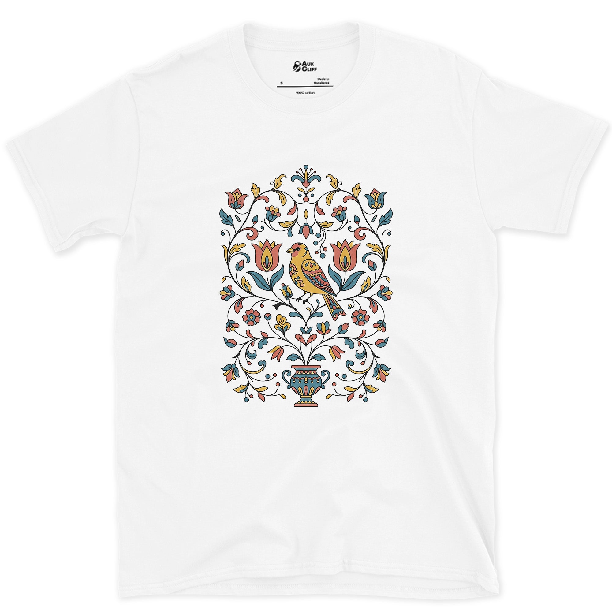 Distelfink and Tulips, Pennsylvania Dutch design on a White Gildan Softstyle t-shirt