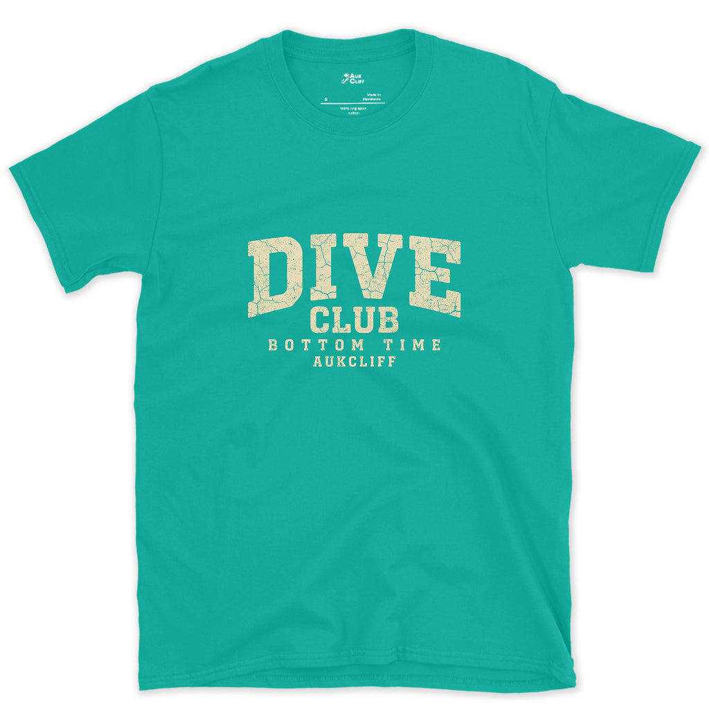 The Dive Club, Bottom Time Badge design on a Jade Dome Gildan Softstyle t-shirt