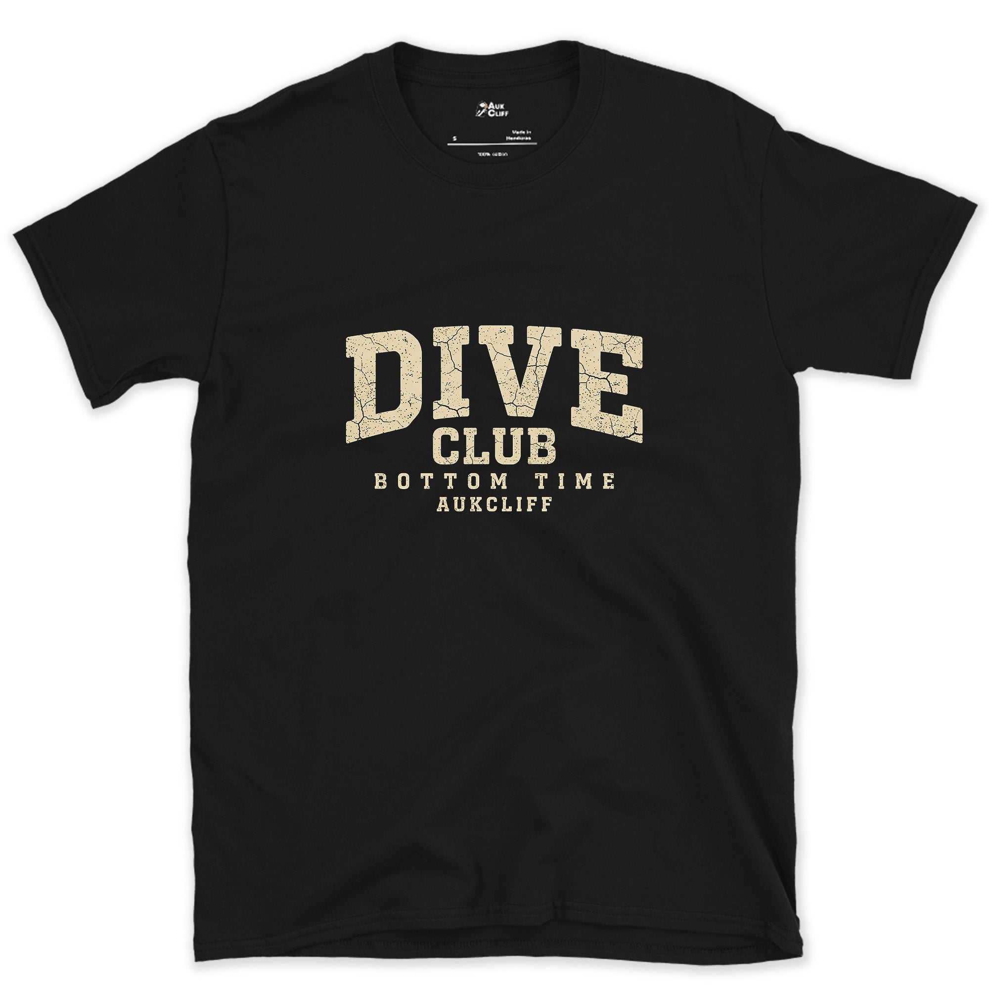 The Dive Club, Bottom Time Badge design on a Black Gildan Softstyle t-shirt