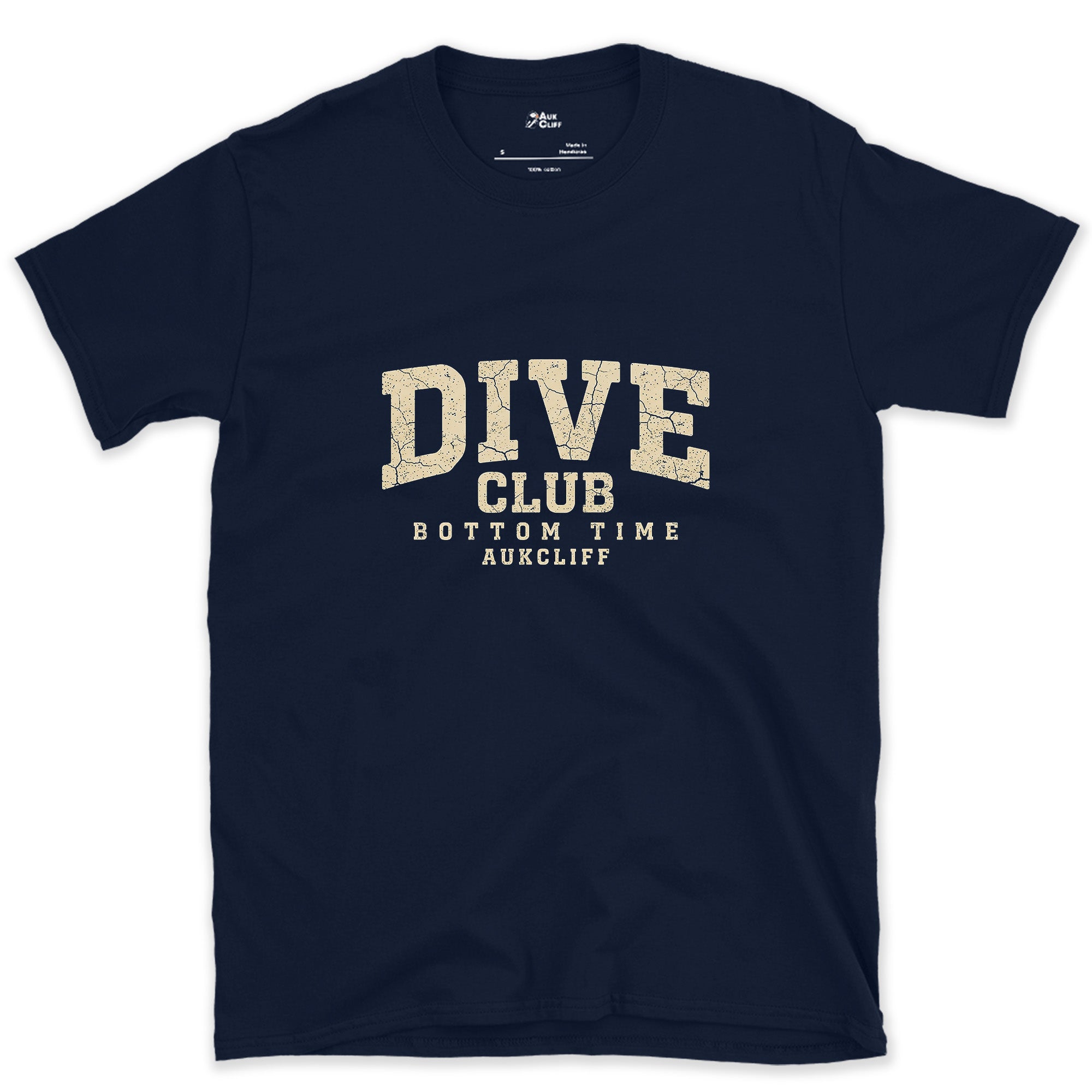 The Dive Club, Bottom Time Badge design on a Navy Gildan Softstyle t-shirt