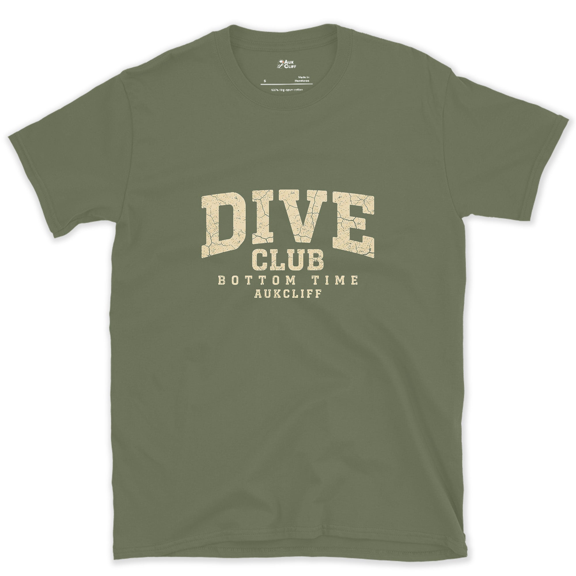 The Dive Club, Bottom Time Badge design on a Military Green Gildan Softstyle t-shirt