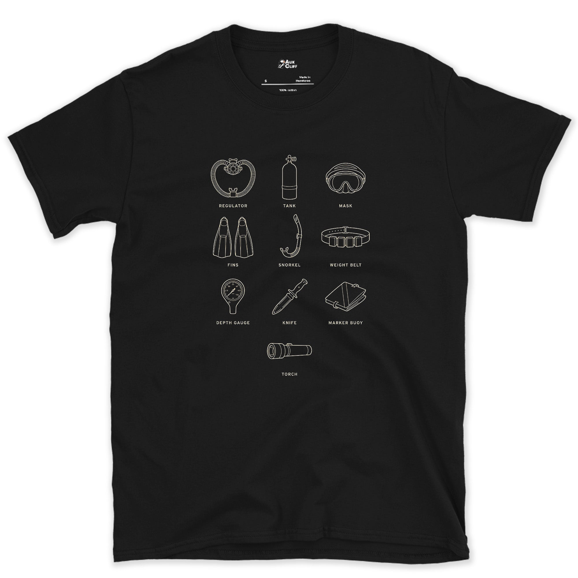 Ten Pieces of Dive Kit on One Plate design on a Black Gildan Softstyle t-shirt