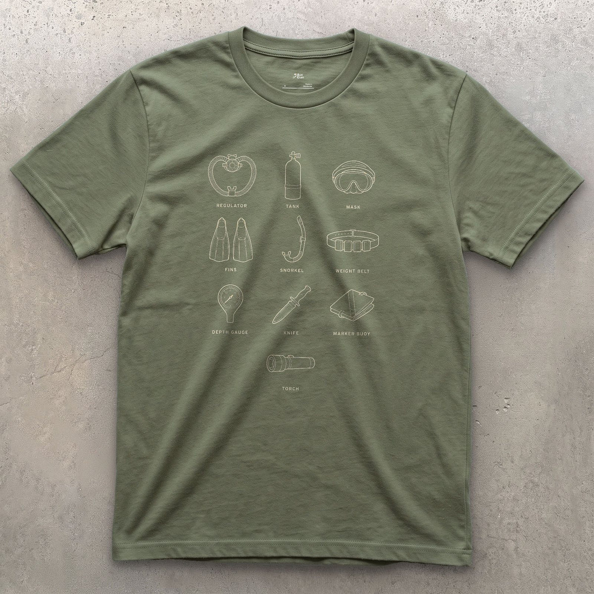 Ten Pieces of Dive Kit on One Plate design on a Military Green Gildan Softstyle t-shirt