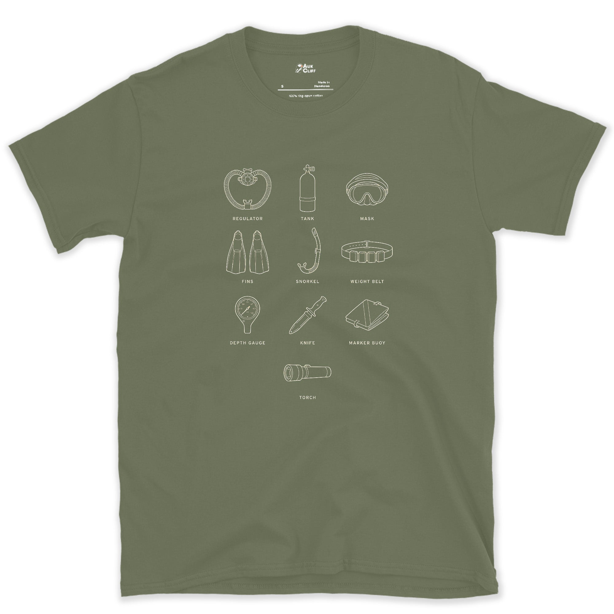 Ten Pieces of Dive Kit on One Plate design on a Military Green Gildan Softstyle t-shirt