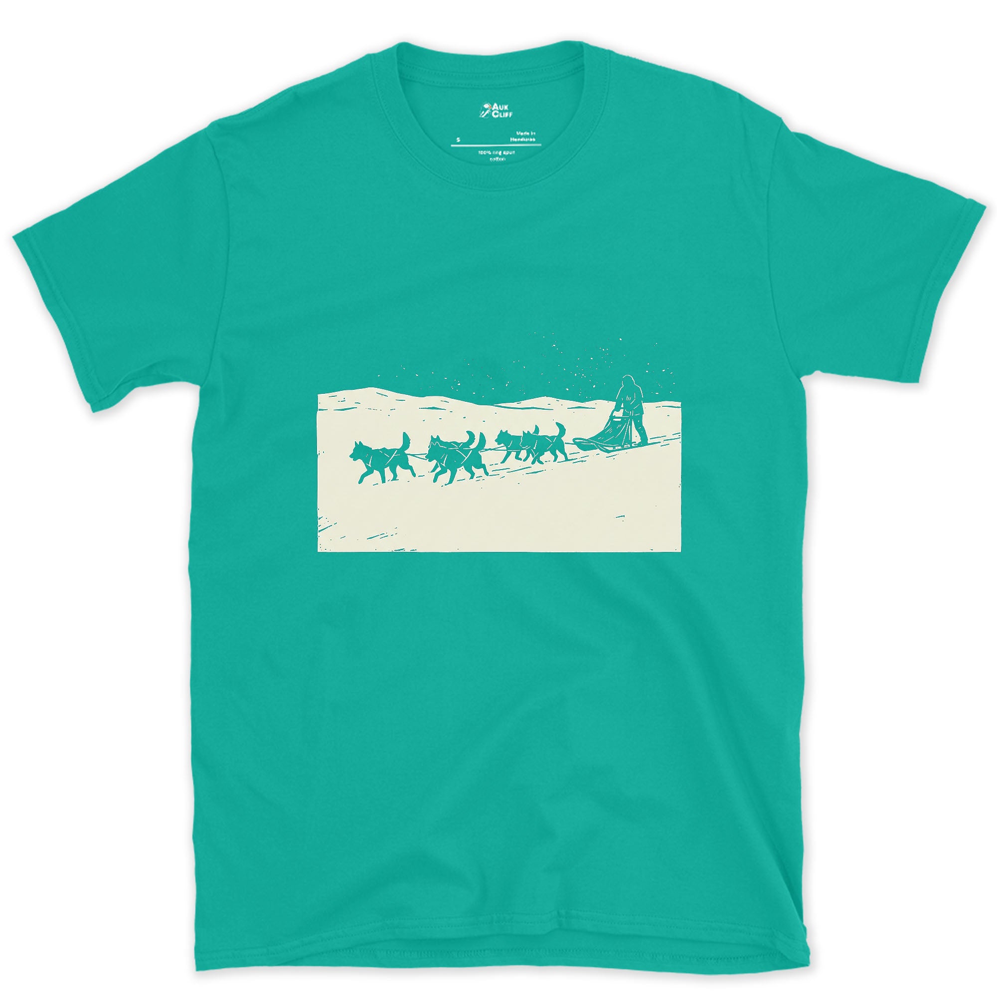 Dog Sled Team Running in Formation design on a Jade Dome Gildan Softstyle t-shirt