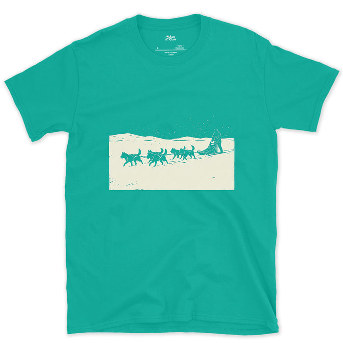 Dog Sled Team Running in Formation design on a Jade Dome Gildan Softstyle t-shirt