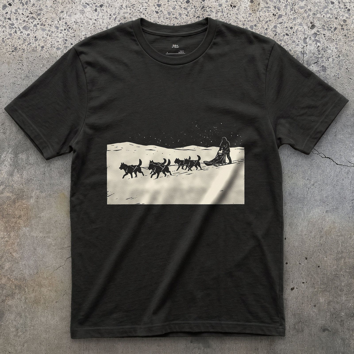 Dog Sled Team Running in Formation design on a Black Gildan Softstyle t-shirt