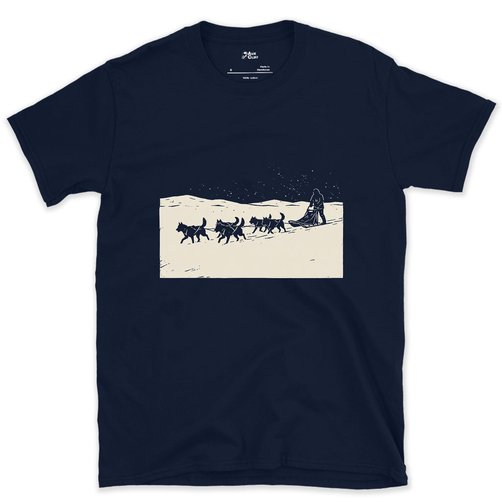Dog Sled Team Running in Formation design on a Navy Gildan Softstyle t-shirt